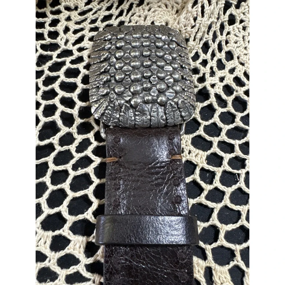 Post & Co Italy Dark Brown Leather Whipstitch Belt Silver Textured Buckle 32‎